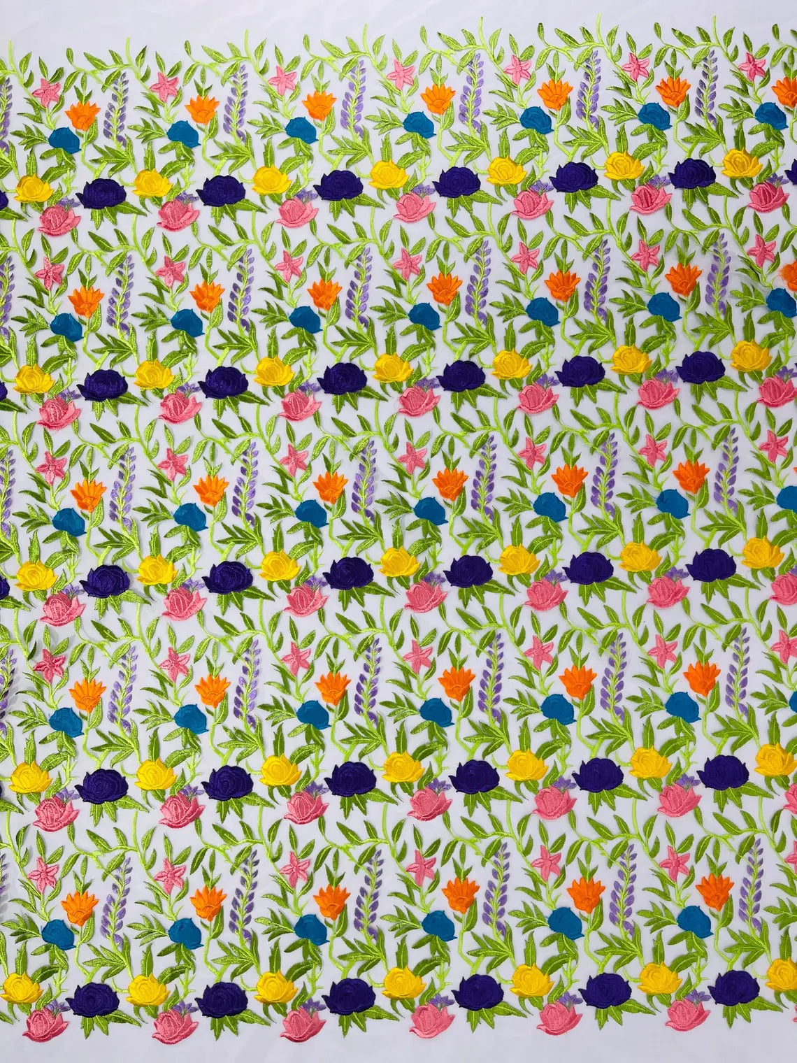 Multi-Color Mexican Sarape Fabric - White Mesh Flower Design Embroidered Lace Fabric By Yard