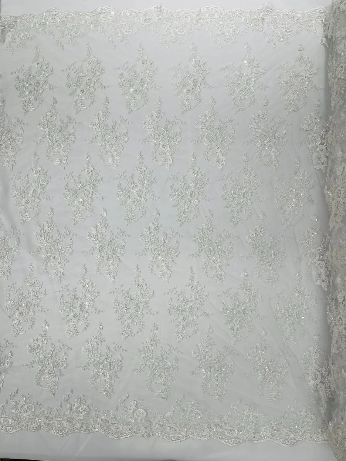 Floral Leaf Beaded Fabric - White - Embroidered Flower Leaf Design Beaded Fabric By Yard