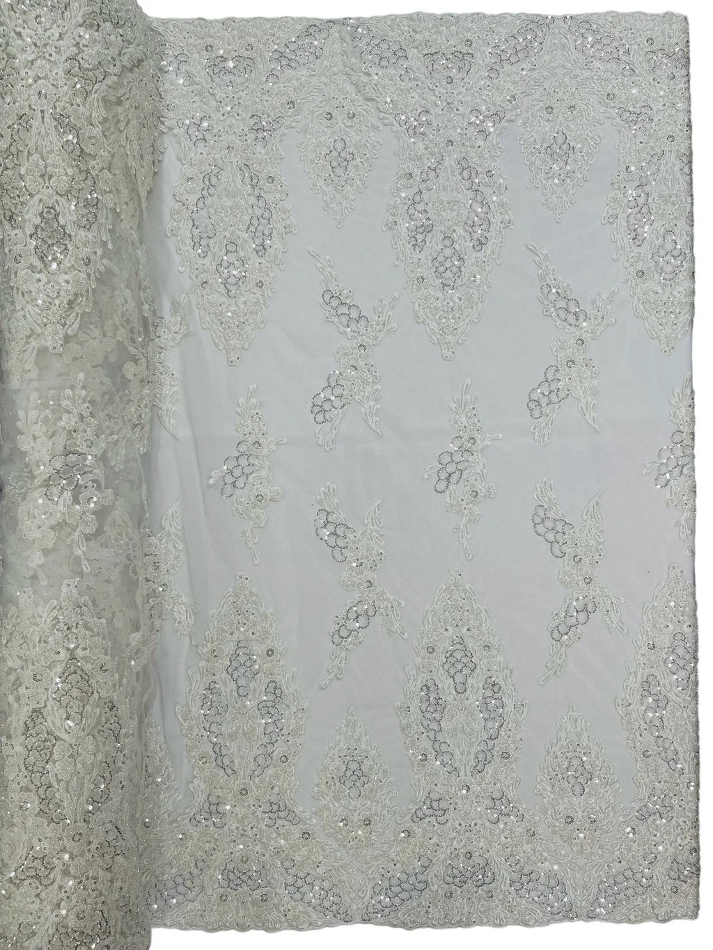 Heavy Bead Floral Fabric - White - Beaded Flower Design Fabric Fancy Border By Yard