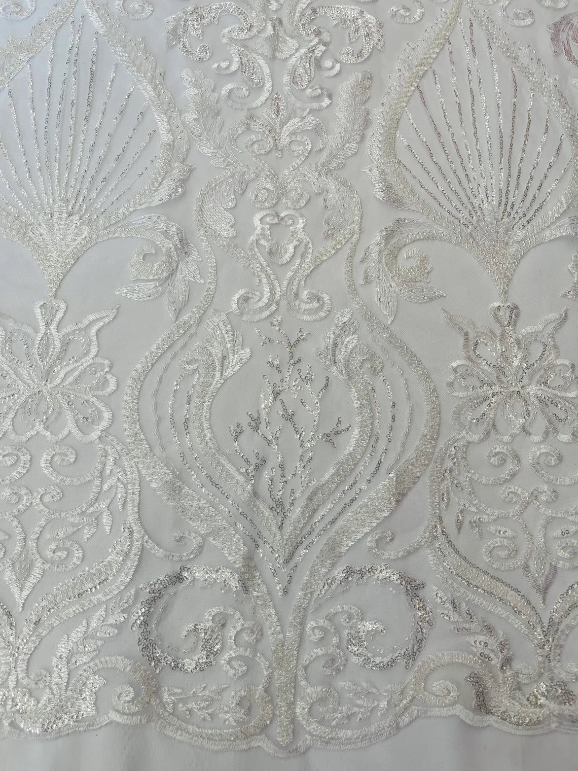 Damask Leaf Bead Fabric - White - Heavy Beaded Embroidered Sequins Lace Fabric by Yard