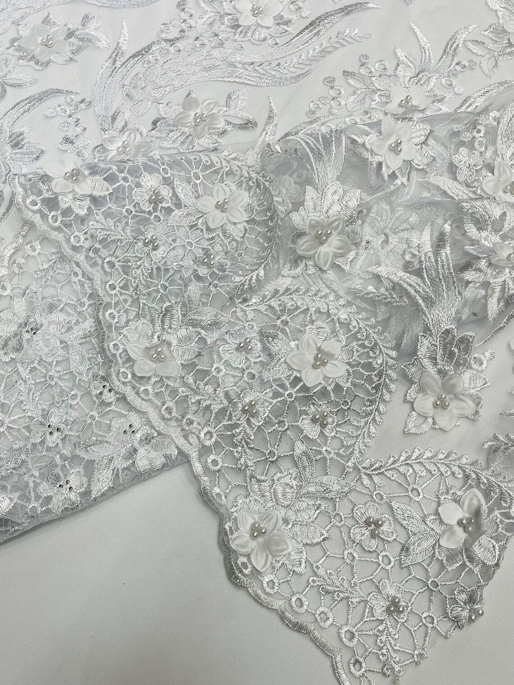 3D Floral Leaf Panels - White - Embroidered 3D Flower Lines with Pearls on Lace By Yard