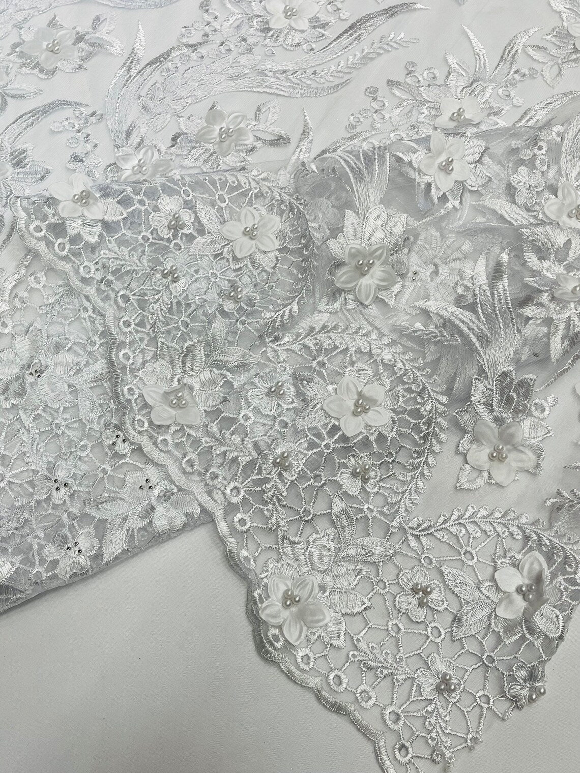 3D Floral Leaf Panels - White - Embroidered 3D Flower Lines with Pearls on Lace By Yard