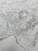 3D Floral Leaf Panels - White - Embroidered 3D Flower Lines with Pearls on Lace By Yard