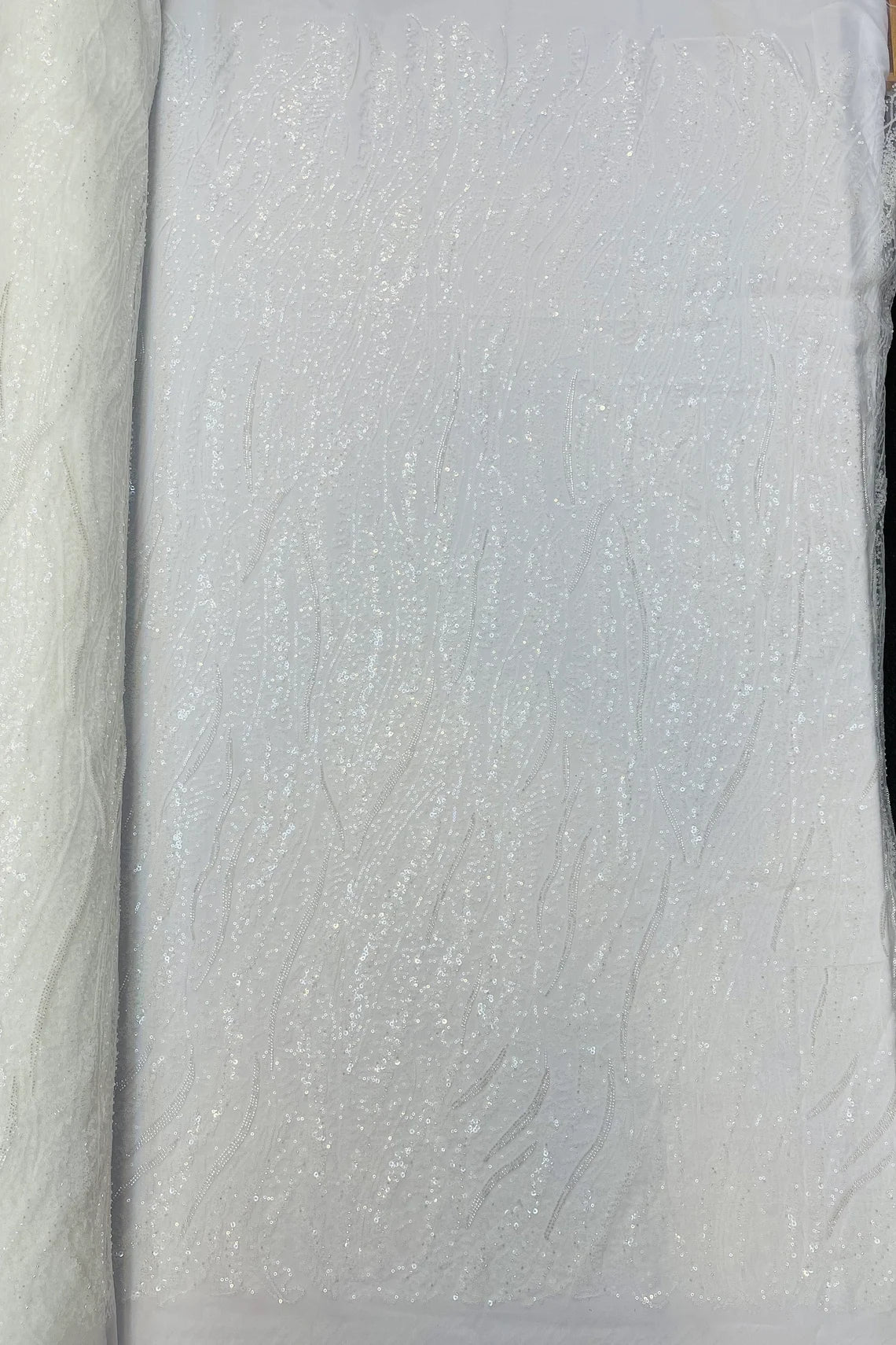 Wavy Design Beaded Fabric White Beaded Wavy Leaf Embroidered Fabri