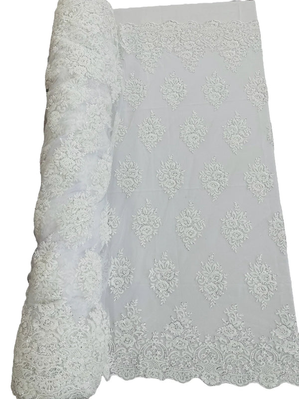 Heavy Beaded Floral Fabric - White - Luxury Heavy Duty Bead Bridal Floral Cluster Lace Fabric by the yard