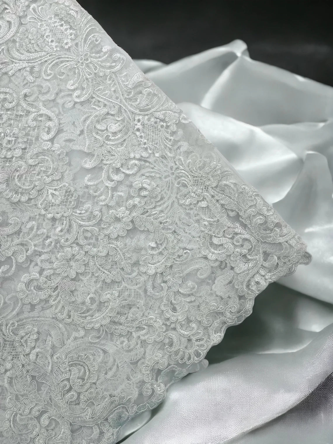 King Lace Pattern Fabric - White - Embroidered Sequins on Lace Mesh Fabric By Yard