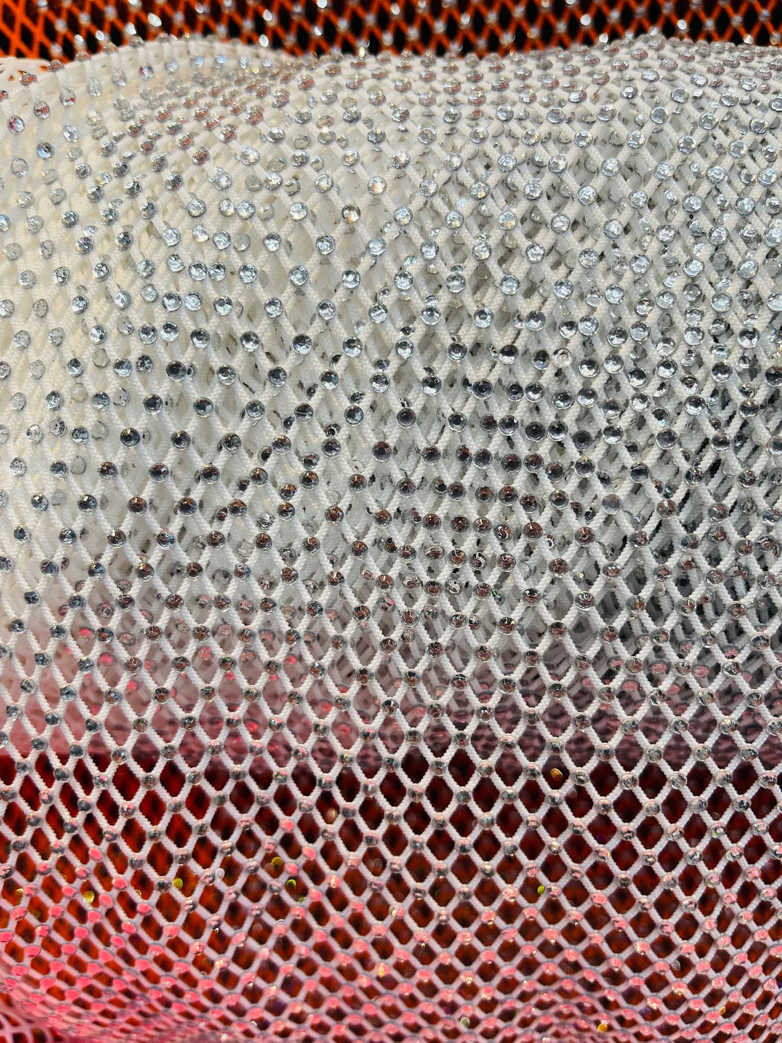 Fish Net Spandex Rhinestone Fabric - Clear on Lime Green - Rhinestone Spandex Fish Net Design Fabric with Rhinestones by Yard
