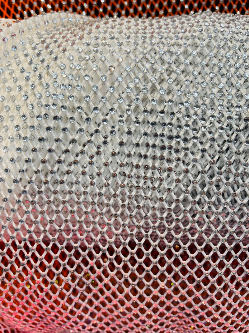 Fish Net Spandex Rhinestone Fabric - Clear on Lime Green - Rhinestone Spandex Fish Net Design Fabric with Rhinestones by Yard