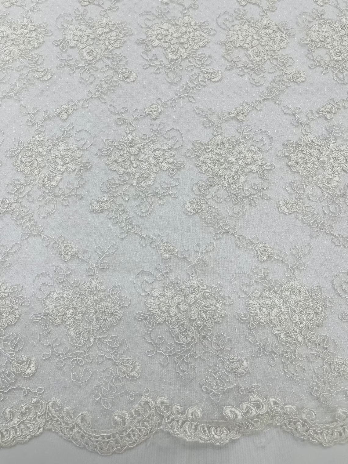 Embroidered Flower Fabric - White - Floral Design Scalloped Border Fabric By Yard