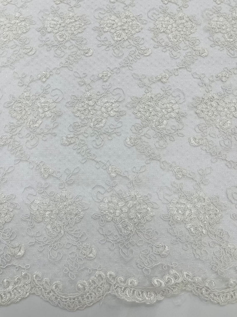 Embroidered Flower Fabric - White - Floral Design Scalloped Border Fabric By Yard