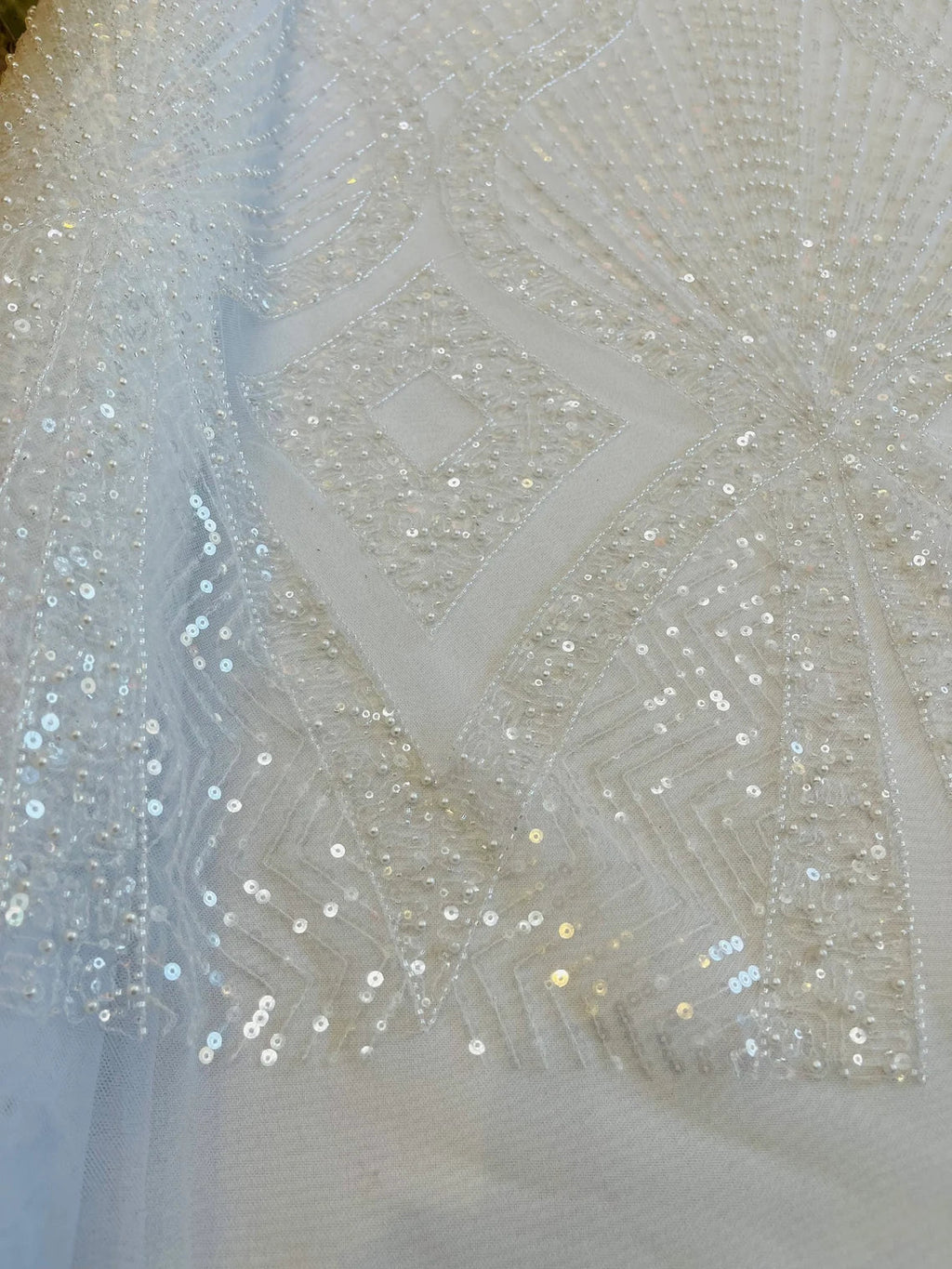 Beaded Diamond Design Fabric - White - Beaded Embroidered Diamond Zig Zag Design on Mesh By Yard
