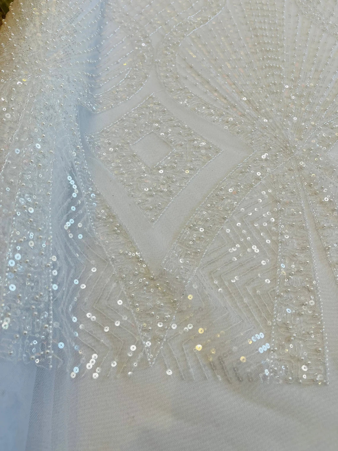 Beaded Diamond Design Fabric - White - Beaded Embroidered Diamond Zig Zag Design on Mesh By Yard