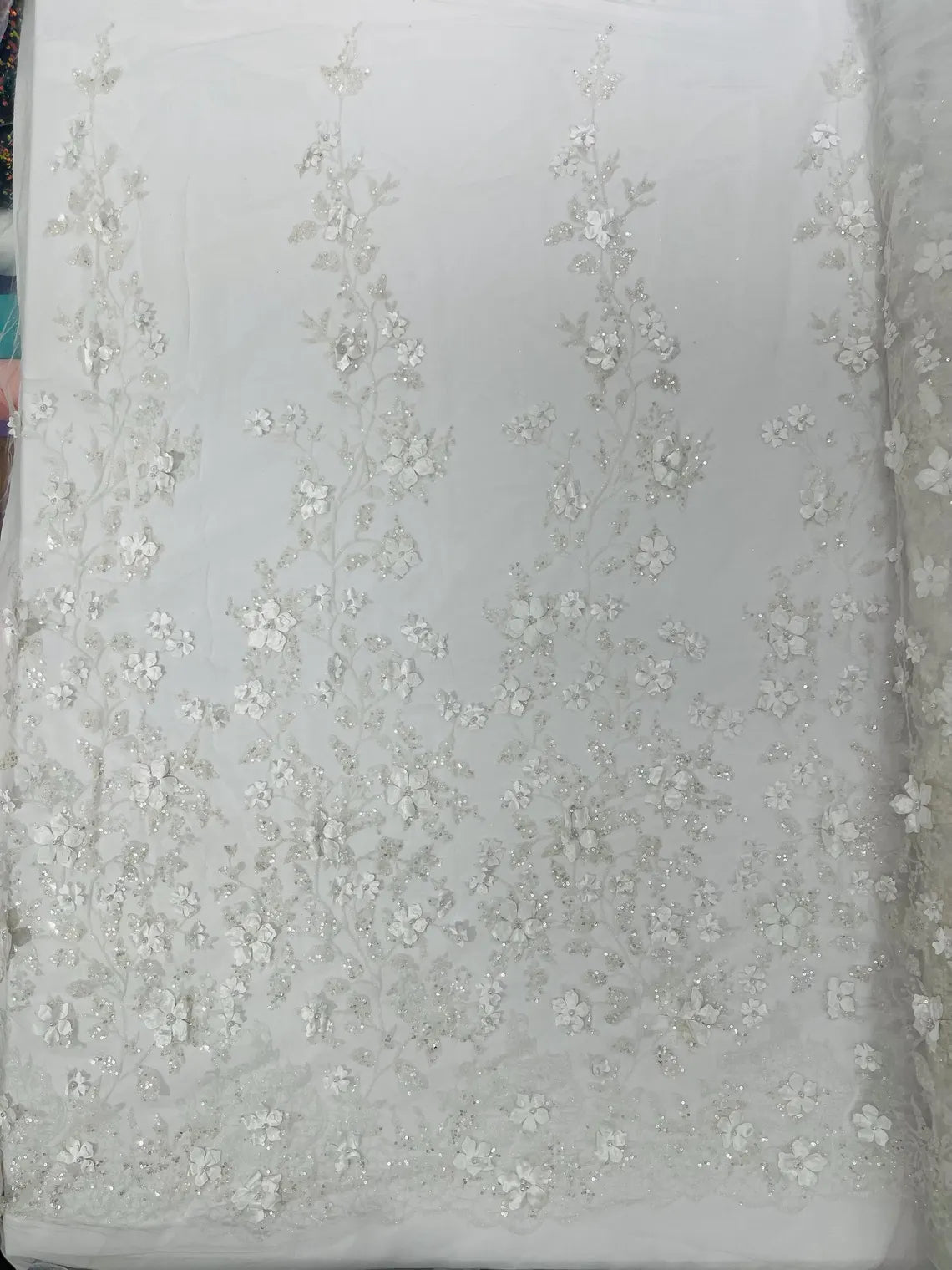 3D Flower Glitter Fabric - White - Floral Glitter Sequin Design on Lace Mesh Fabric by Yard
