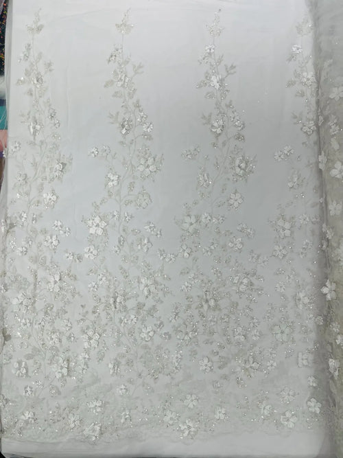 3D Flower Glitter Fabric - White - Floral Glitter Sequin Design on Lace Mesh Fabric by Yard