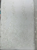 3D Flower Glitter Fabric - White - Floral Glitter Sequin Design on Lace Mesh Fabric by Yard