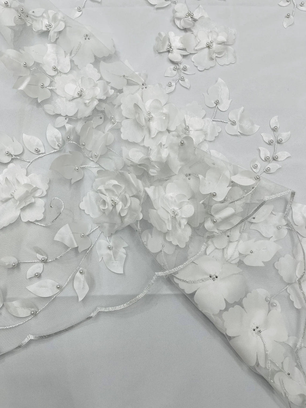 3D Floral Pearl Fabric - White - Embroidered Floral Pearl Fabric Double Border On Mesh By Yard