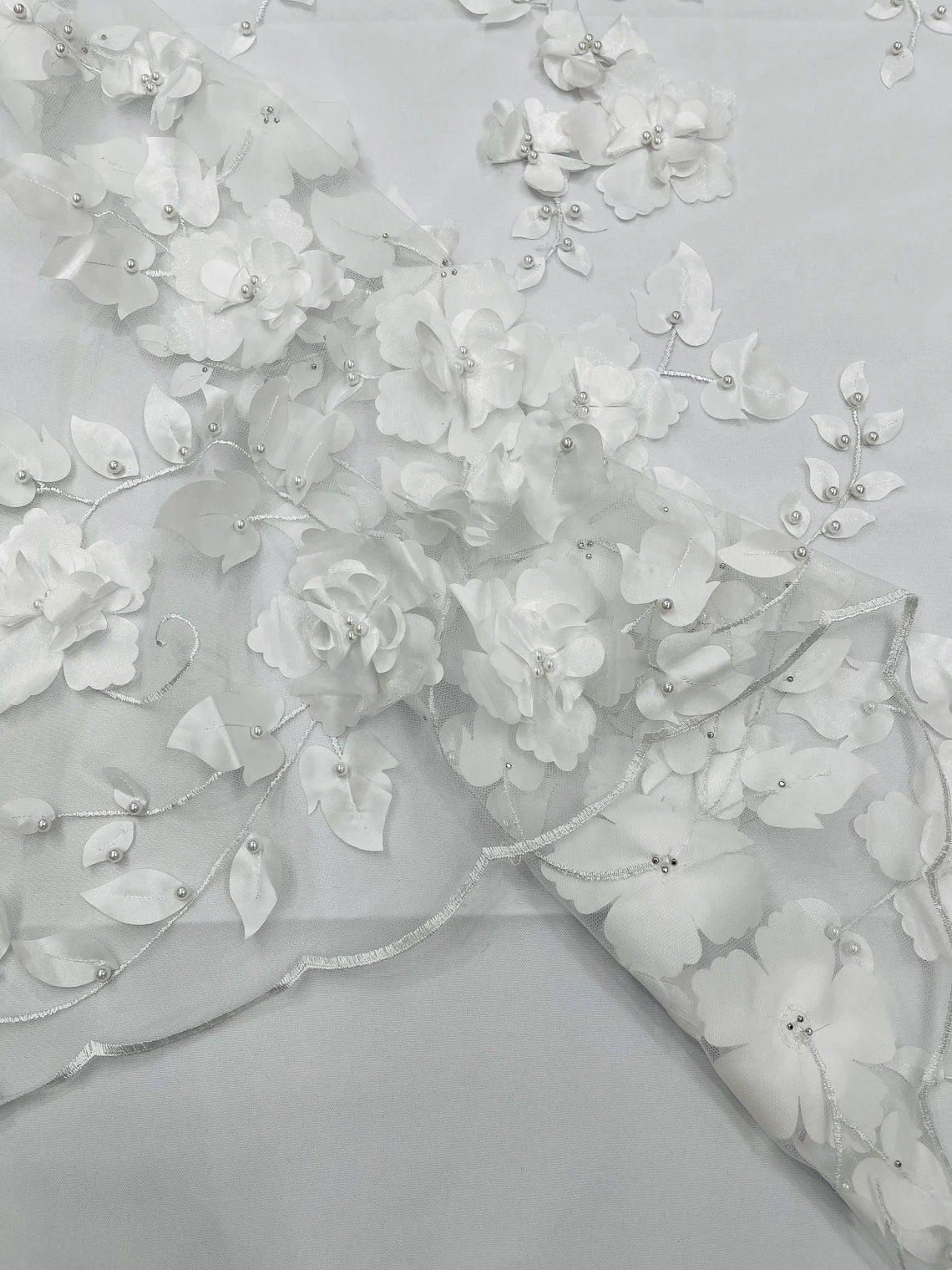 3D Floral Pearl Fabric - White - Embroidered Floral Pearl Fabric Double Border On Mesh By Yard