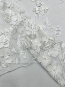 3D Floral Pearl Fabric - White - Embroidered Floral Pearl Fabric Double Border On Mesh By Yard
