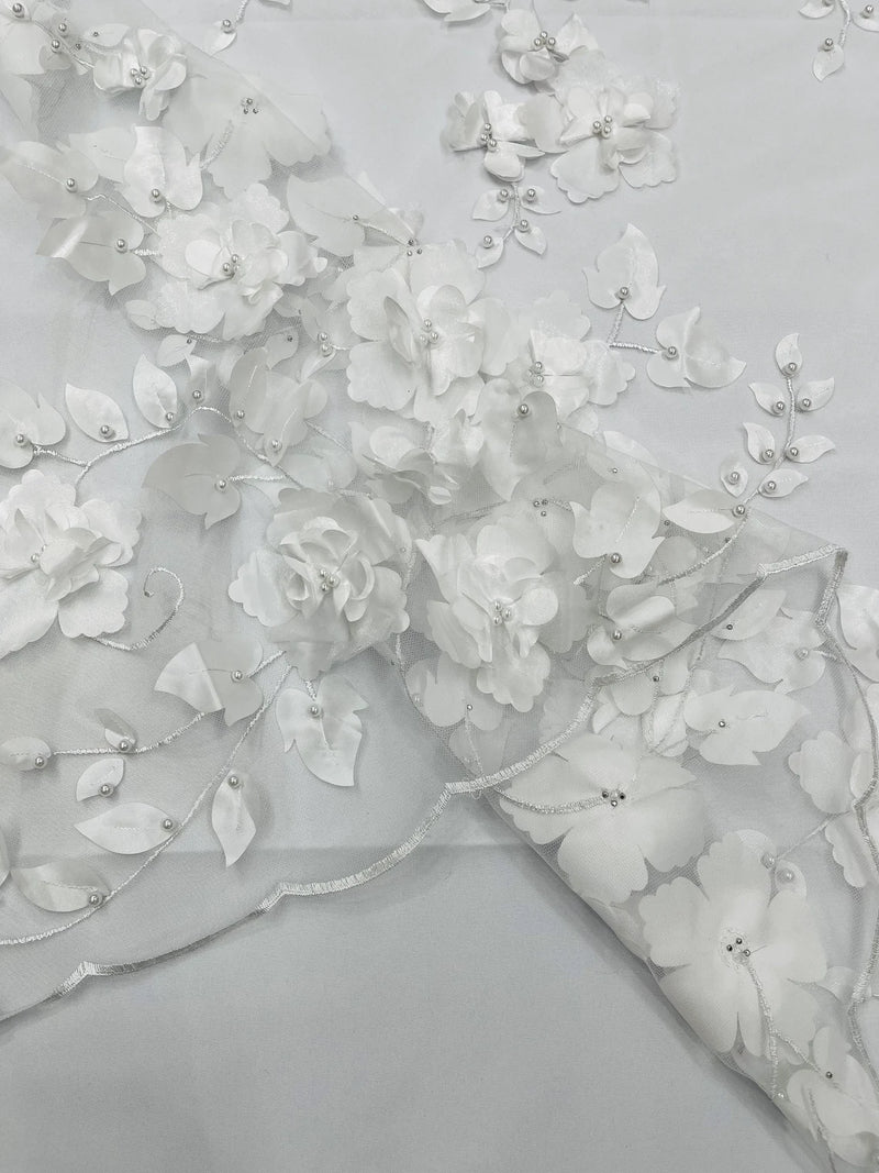 3D Floral Pearl Fabric - White - Embroidered Floral Pearl Fabric Double Border On Mesh By Yard