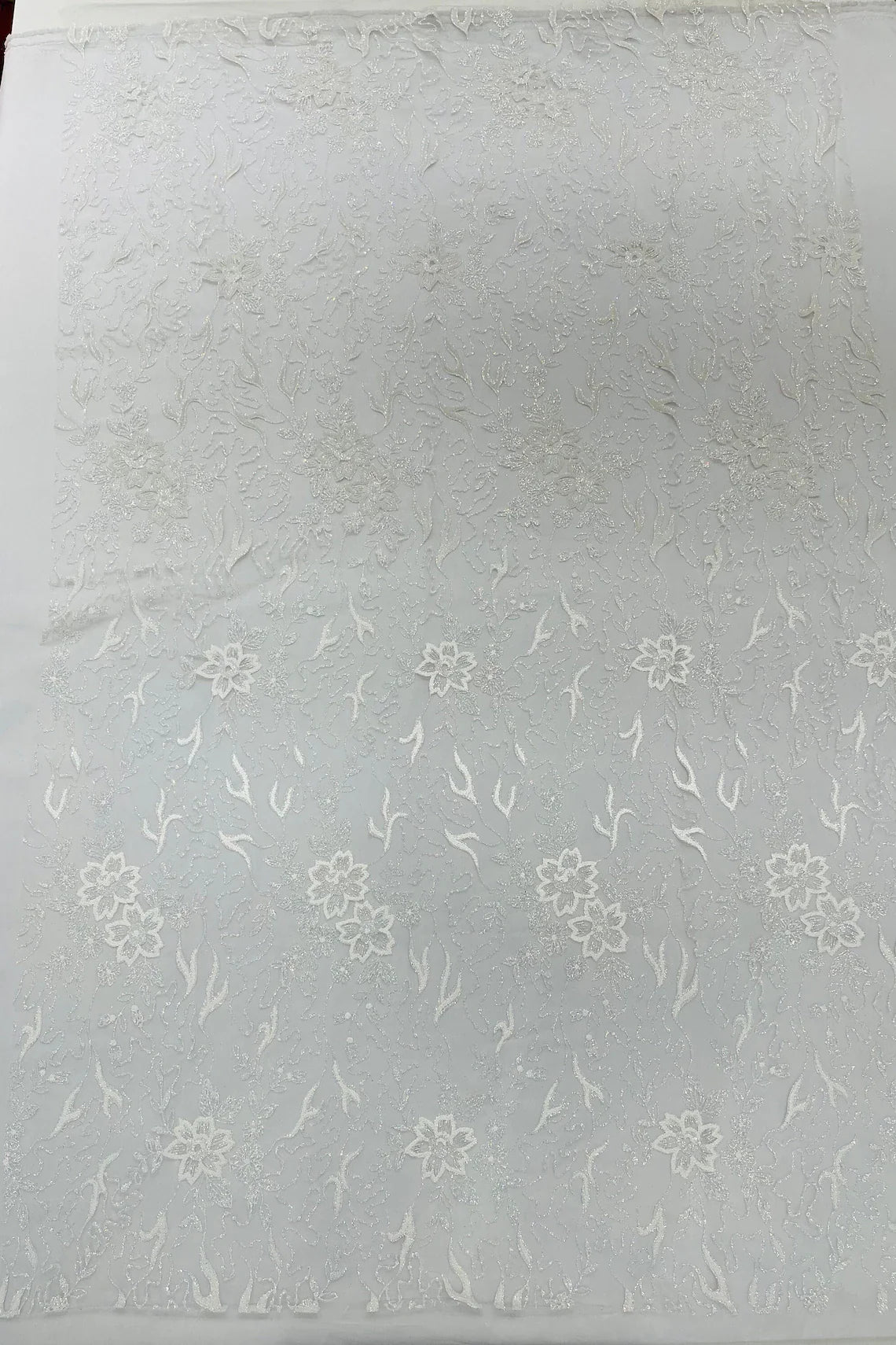 Flower Glitter Fabric - White - 3D Floral Tulle Fabric for Wedding, Quinceañera By Yard