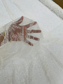 Leaf Plant Glitter Design Fabric - White - Beaded Embroidered Leaves Design on Mesh By Yard