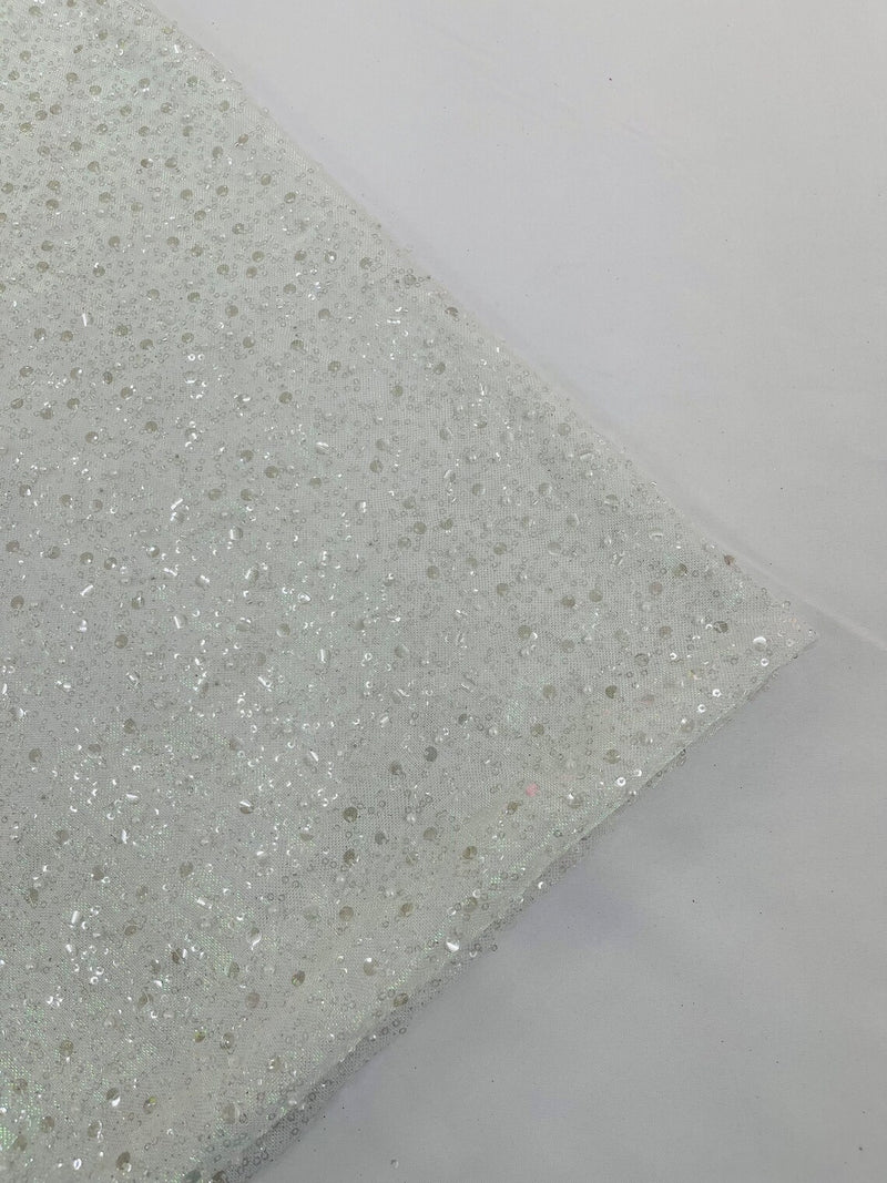 Shimmer Glitter Bead Fabric - White - Sparkle Stretch Sequins Bead Shiny Glitter Fabric By Yard