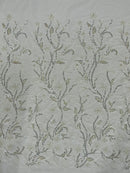 3D Tulle Flower Bead Fabric - White - Mesh Flower Plant Design with Beads By Yard