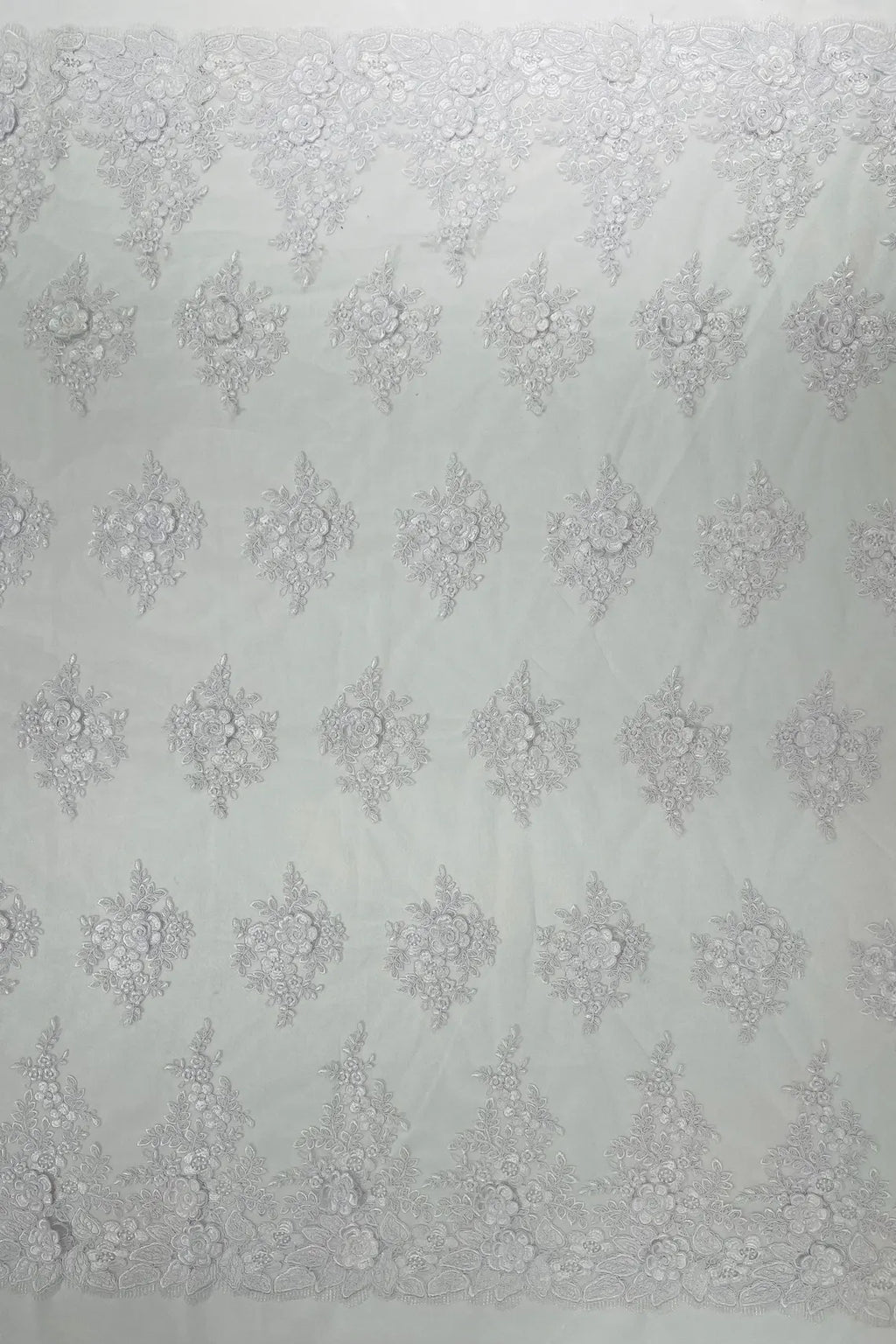 Corded Floral 3D Fabric - White - Embroidered Floral Design on Lace Mesh Fabric by Yard
