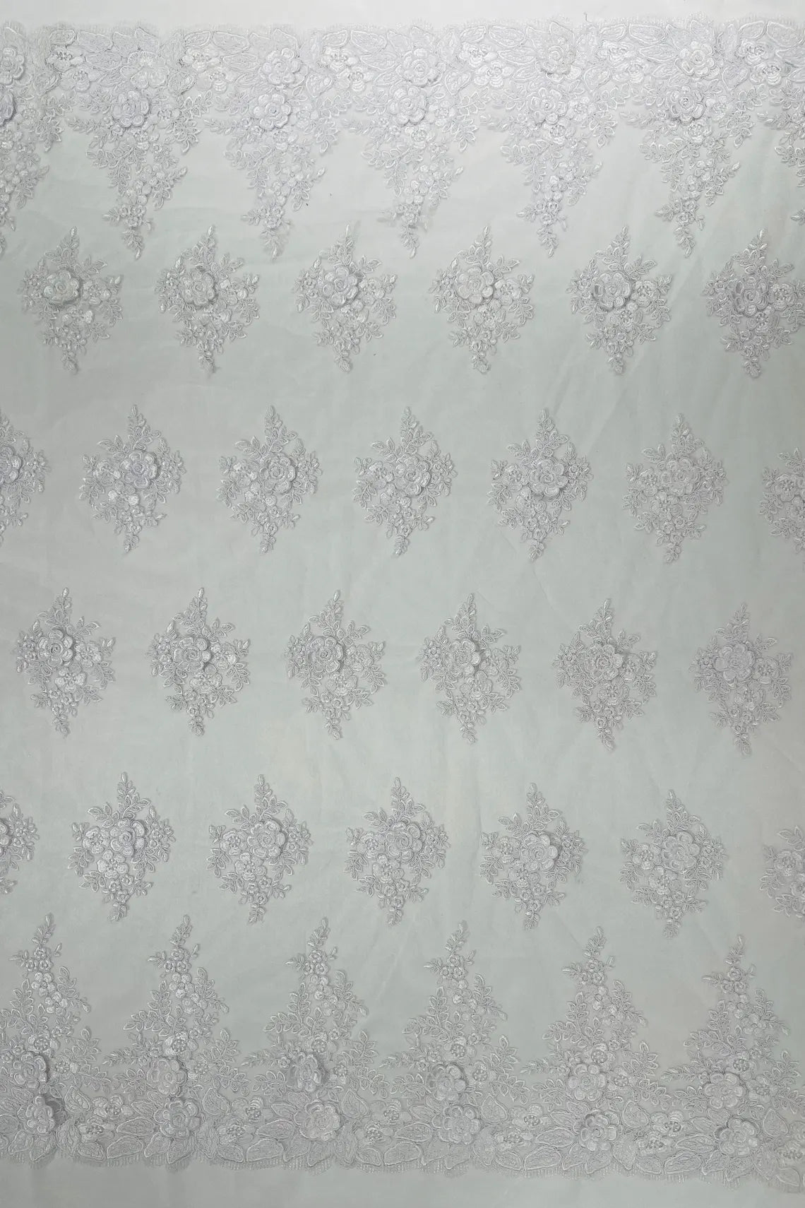 Corded Floral 3D Fabric - White - Embroidered Floral Design on Lace Mesh Fabric by Yard