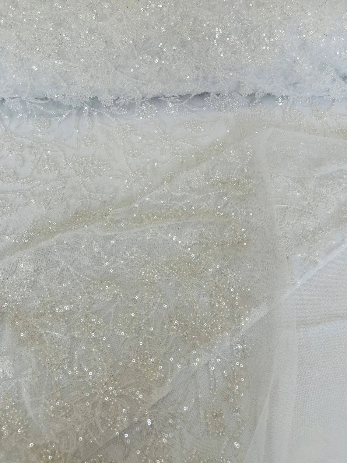 Floral Pattern Beaded Fabric - White - Embroidered Bead & Sequins Wedding Bridal Fabric Sold By The Yard