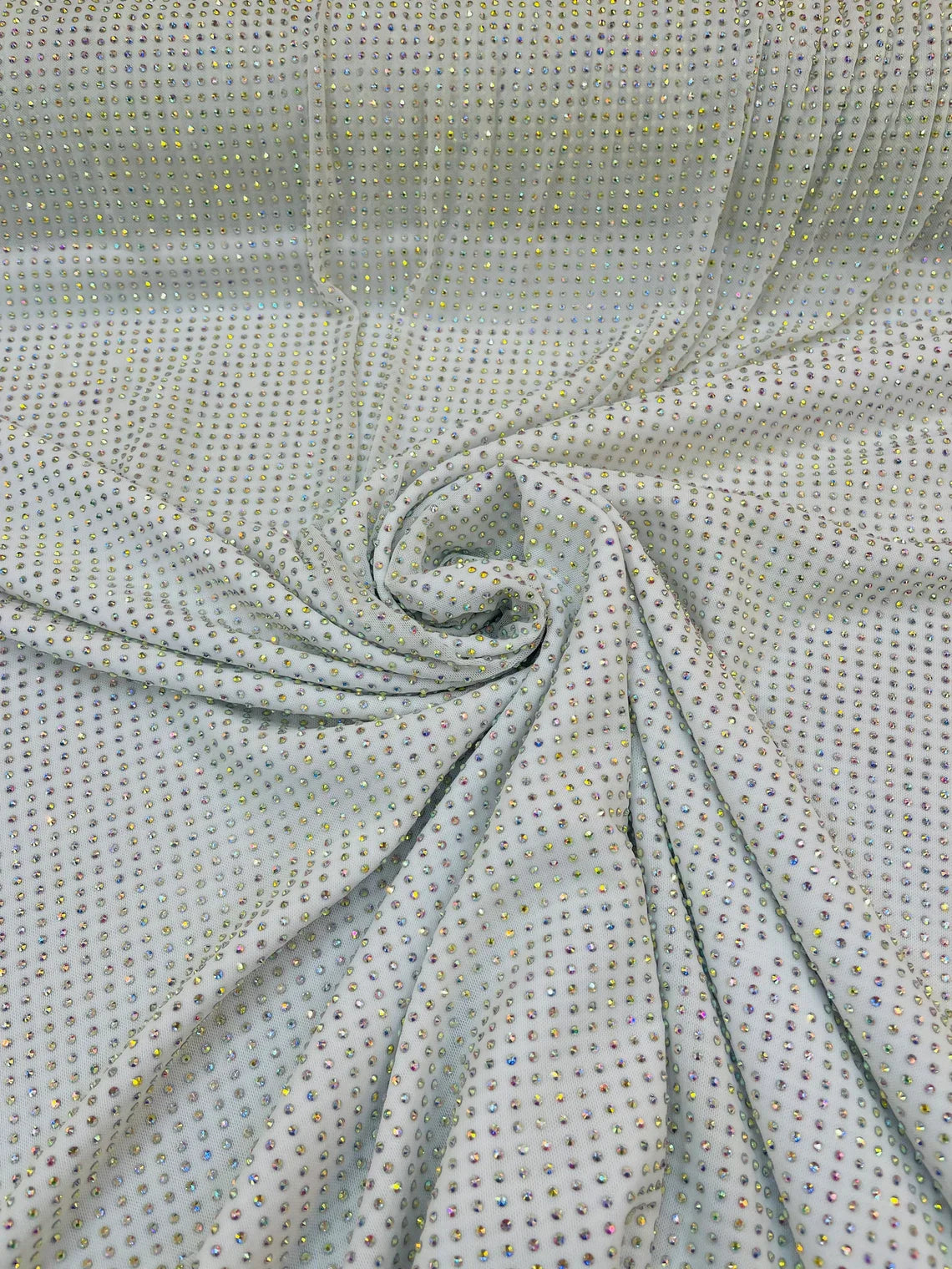 Power Mesh Rhinestone Fabric - White - 4 Way Stretch Power Mesh Fabric Crystal Stones By Yard