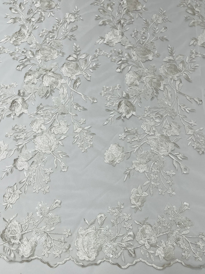 Sequins Lace Rose Design - White - Embroidered Rose Plant Design on Lace Fabric Sold By Yard