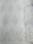 Floral Lace Flower Fabric - White - Floral Embroidered Fabric with Sequins on Lace By Yard