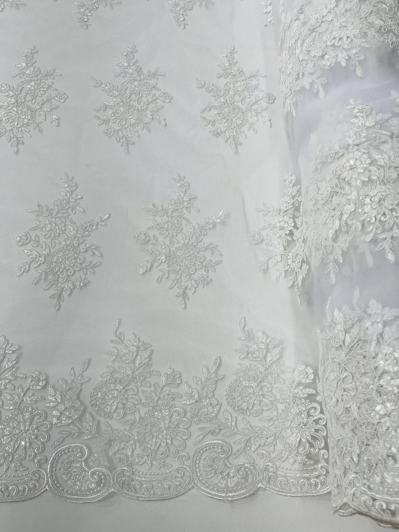 Floral Lace Flower Fabric - White - Floral Embroidered Fabric with Sequins on Lace By Yard