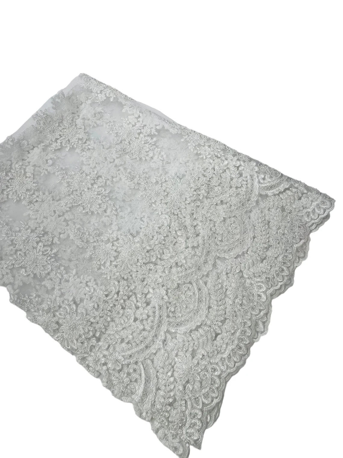 Beaded Flower Cluster Fabric - White - Embroidered Beaded Fancy Border Floral Fabric Sold By Yard