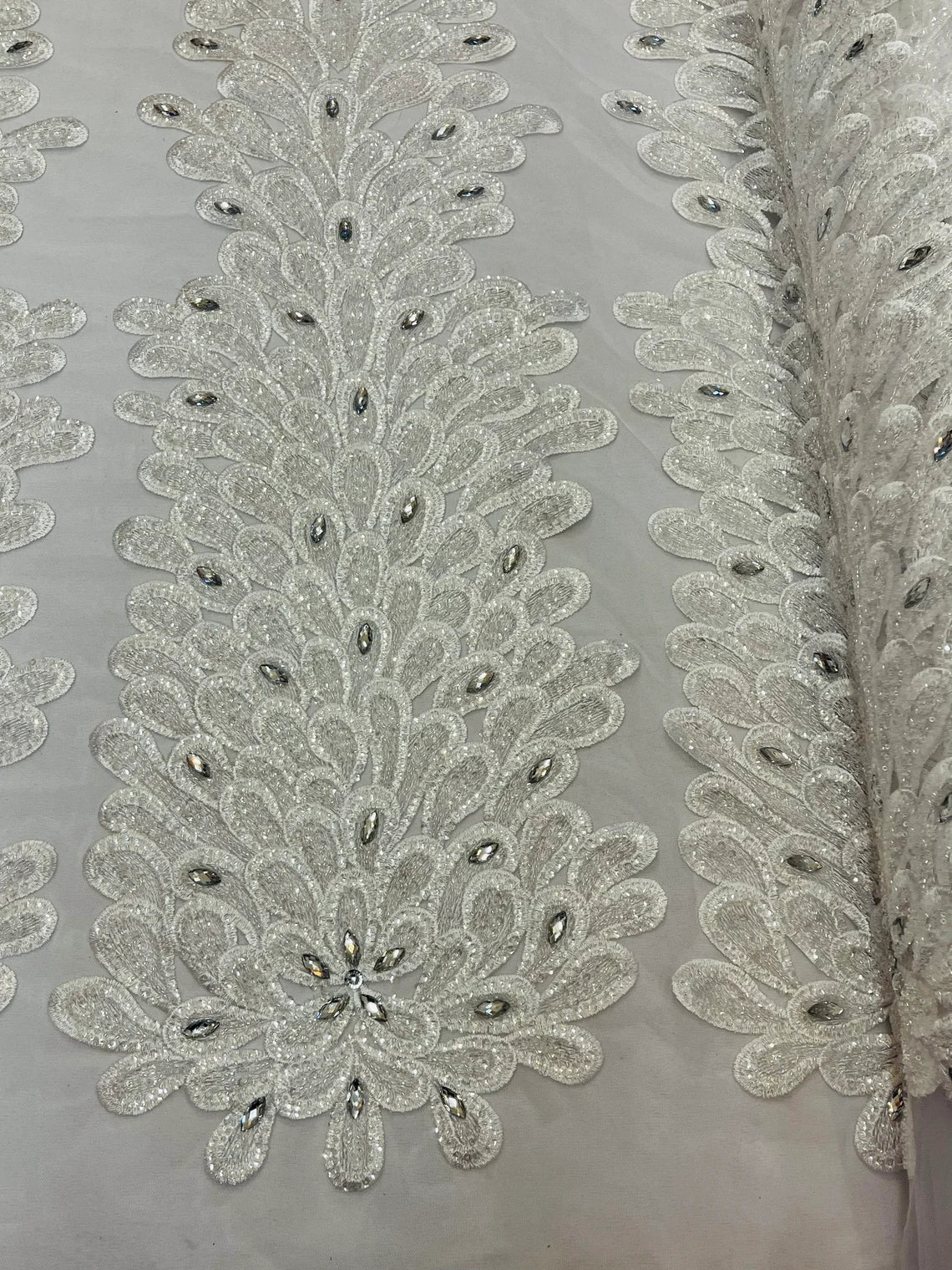 3D Beaded Peacock Feathers - White - Vegas Design Embroidered Sequins and Beads On a Mesh Lace Fabric (Choose The Panels)