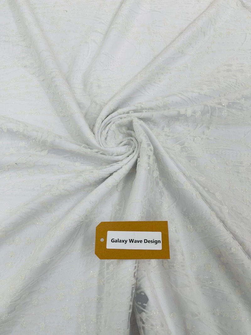 Tulle Glitter Fancy Line Fabric - White - Tulle Fabric with Sparkle Glitter Design Sold By Yard