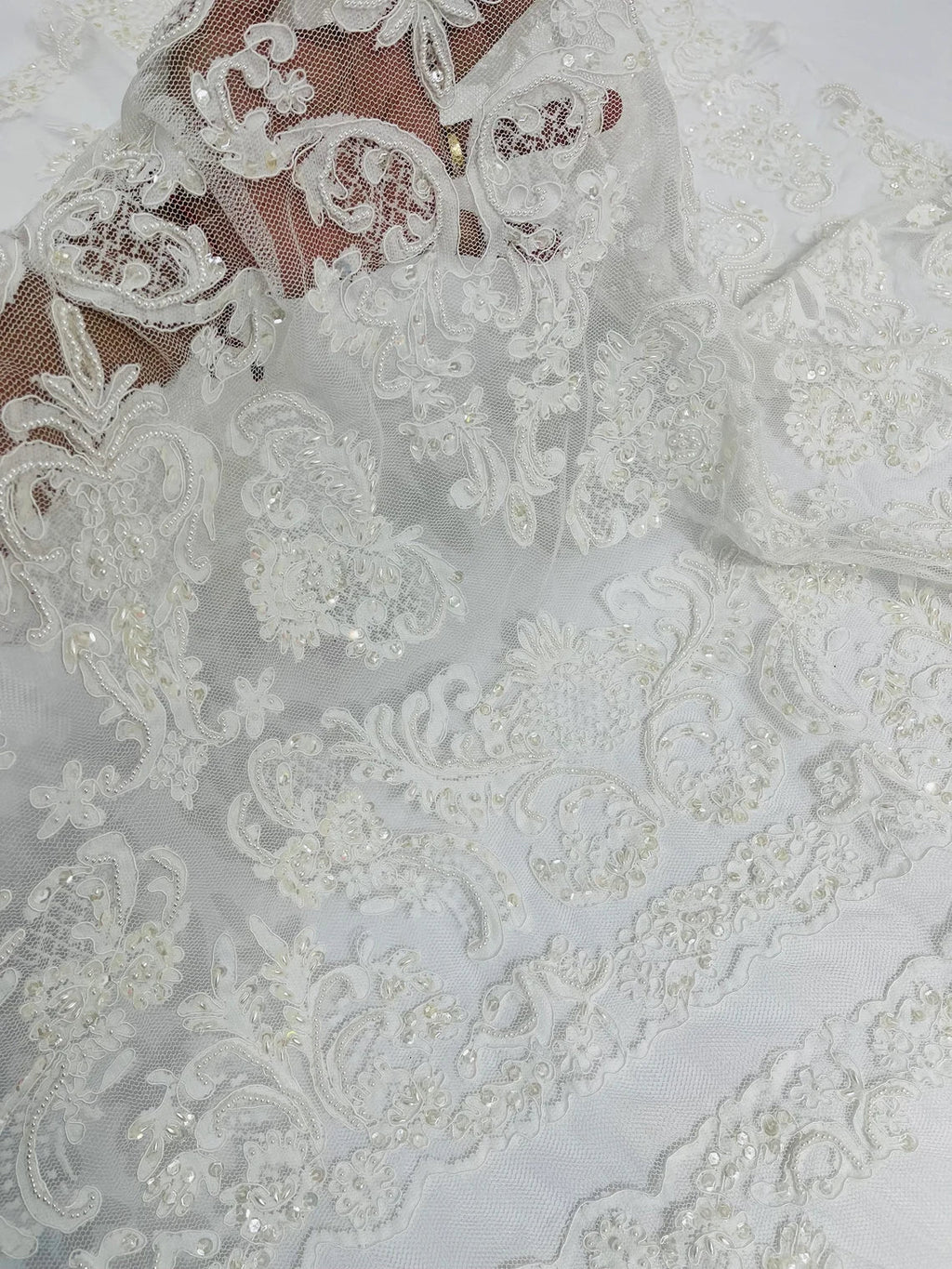Beaded My Lady Damask Design - White - Beaded Fancy Damask Embroidered Fabric By Yard