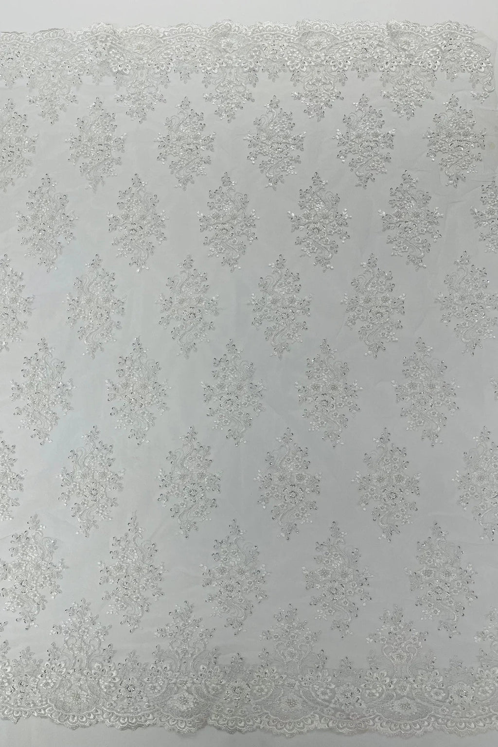 Floral Pearl Bead Fabric - White - Flower Design with Beads and Sequins Fabric Sold By Yard