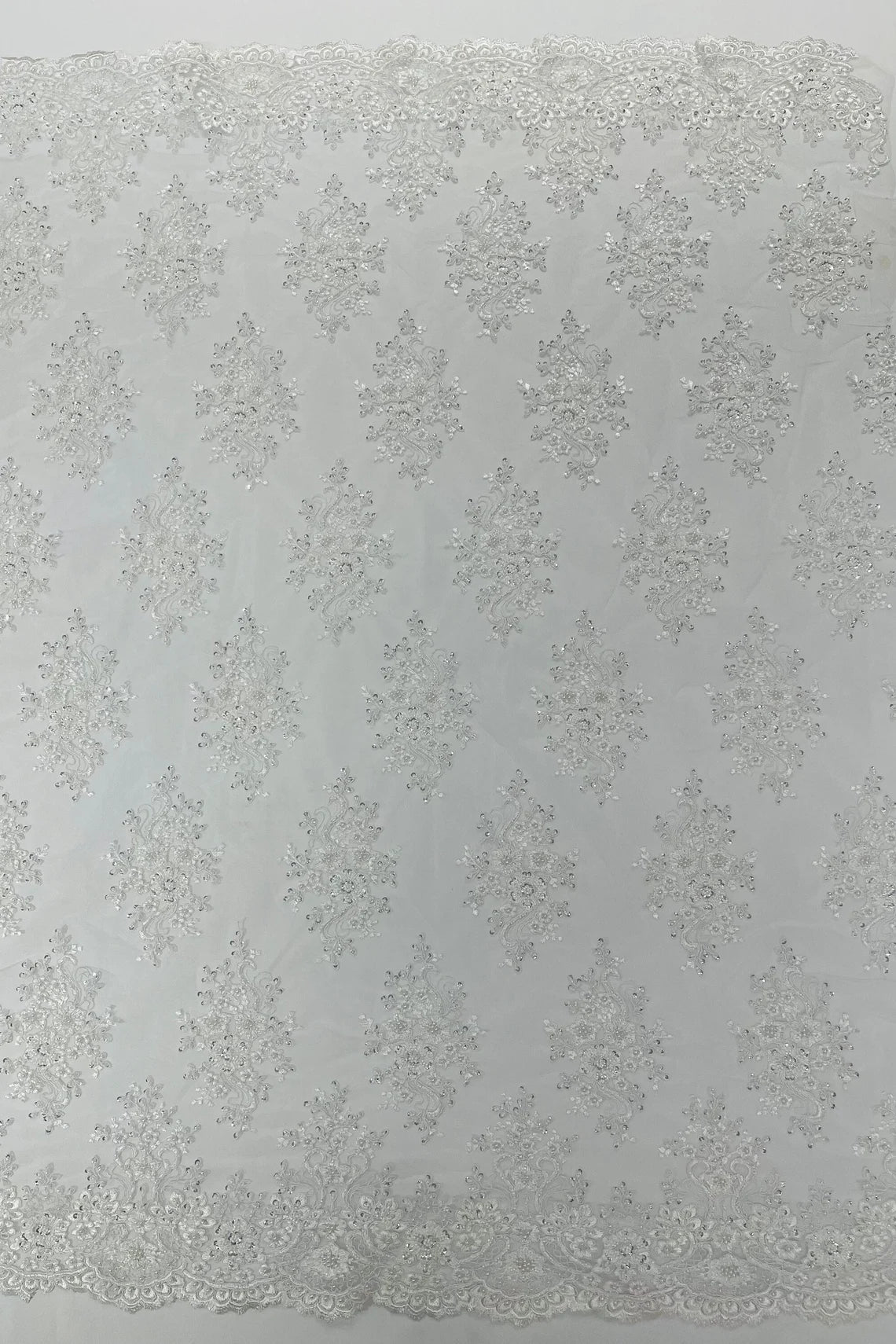 Floral Pearl Bead Fabric - White - Flower Design with Beads and Sequins Fabric Sold By Yard