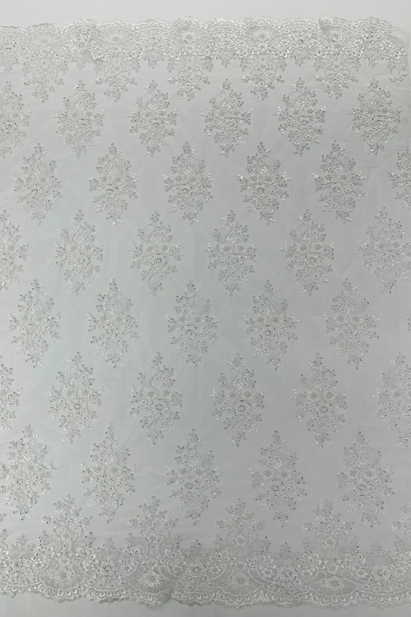Floral Pearl Bead Fabric - White - Flower Design with Beads and Sequins Fabric Sold By Yard