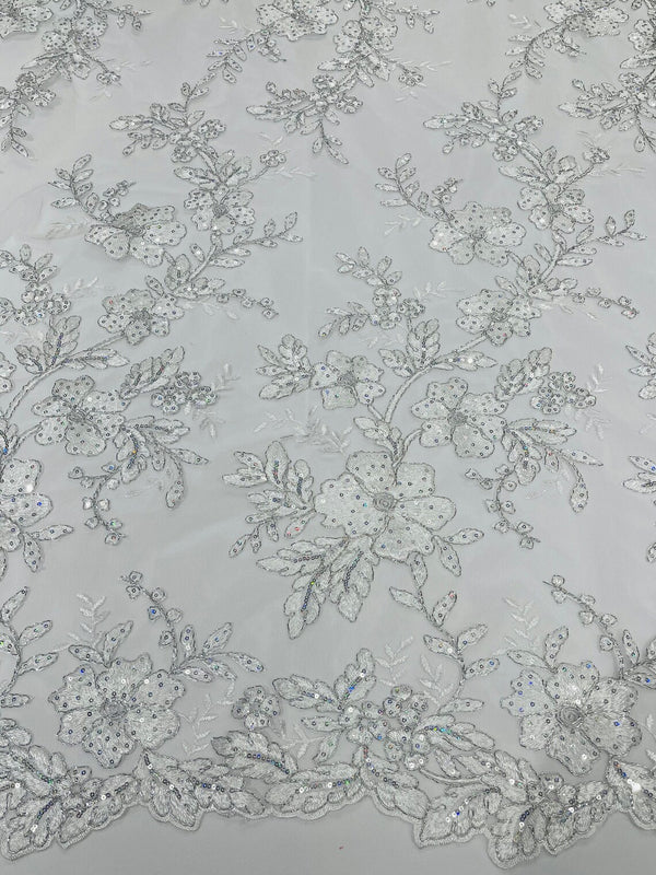 Two Tone Lace Floral Fabric - White - Embroidered Flower Designs with Sequins on Lace Fabric Sold By Yard