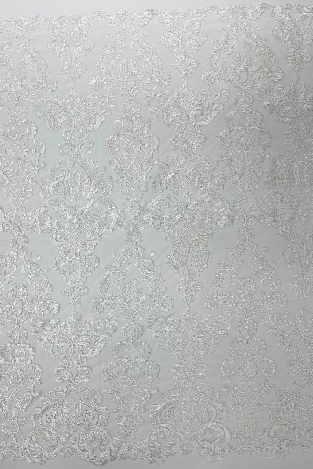 King Lace Pattern Fabric - White - Embroidered Sequins on Lace Mesh Fabric By Yard