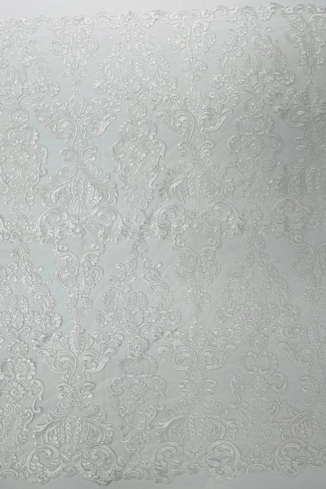 King Lace Pattern Fabric - White - Embroidered Sequins on Lace Mesh Fabric By Yard
