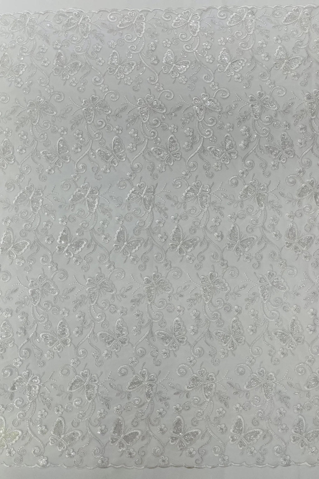 Butterfly Swirl Lace Fabric - White - Metallic Sequins Design on Lace Fabric By Yard