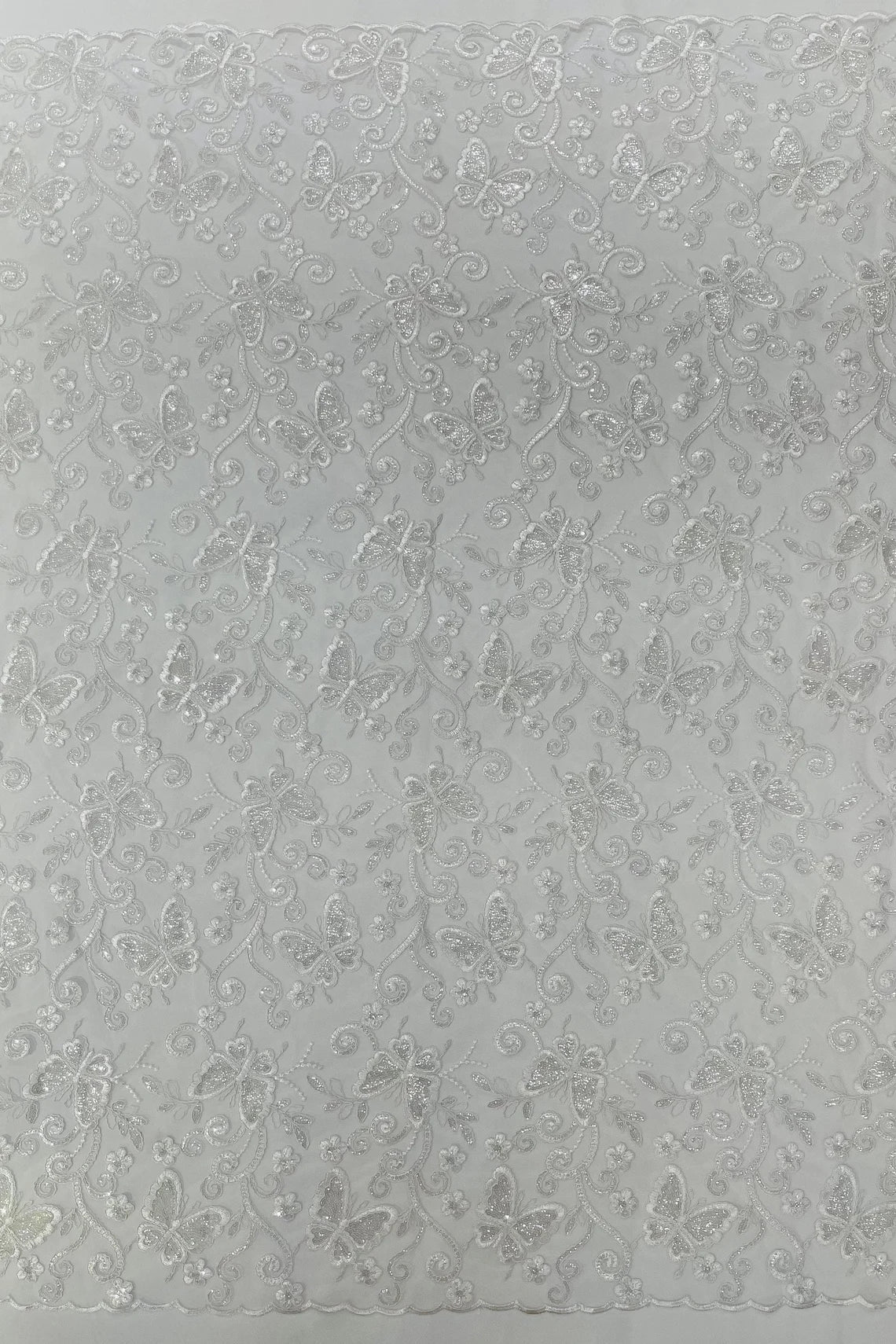 Butterfly Swirl Lace Fabric - White - Metallic Sequins Design on Lace Fabric By Yard