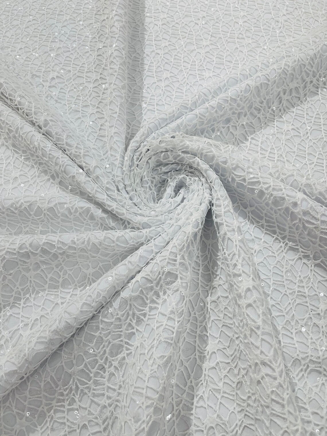 Cast Net Sequins Fabric - White - Embroidery Fish Net Design Sequins Lace Fabric By Yard