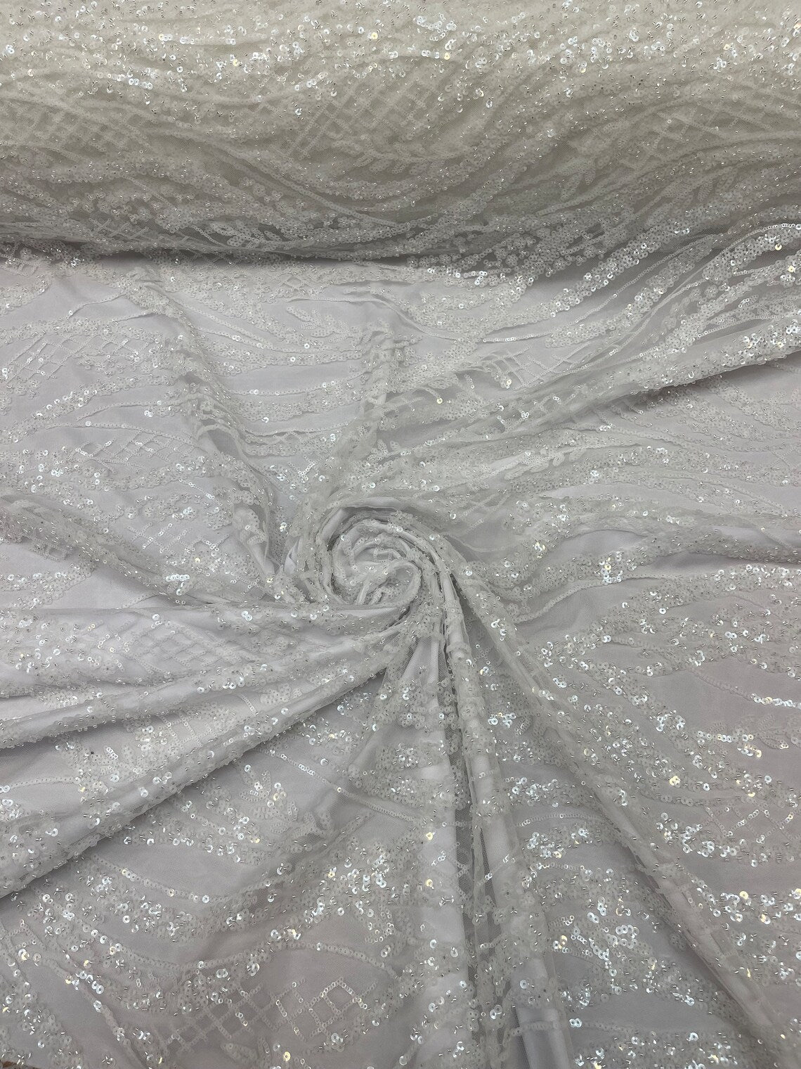 Floral Beaded Wavy Fabric - White - Beaded Sequins Wavy Embroidered Fabric Sold By Yard