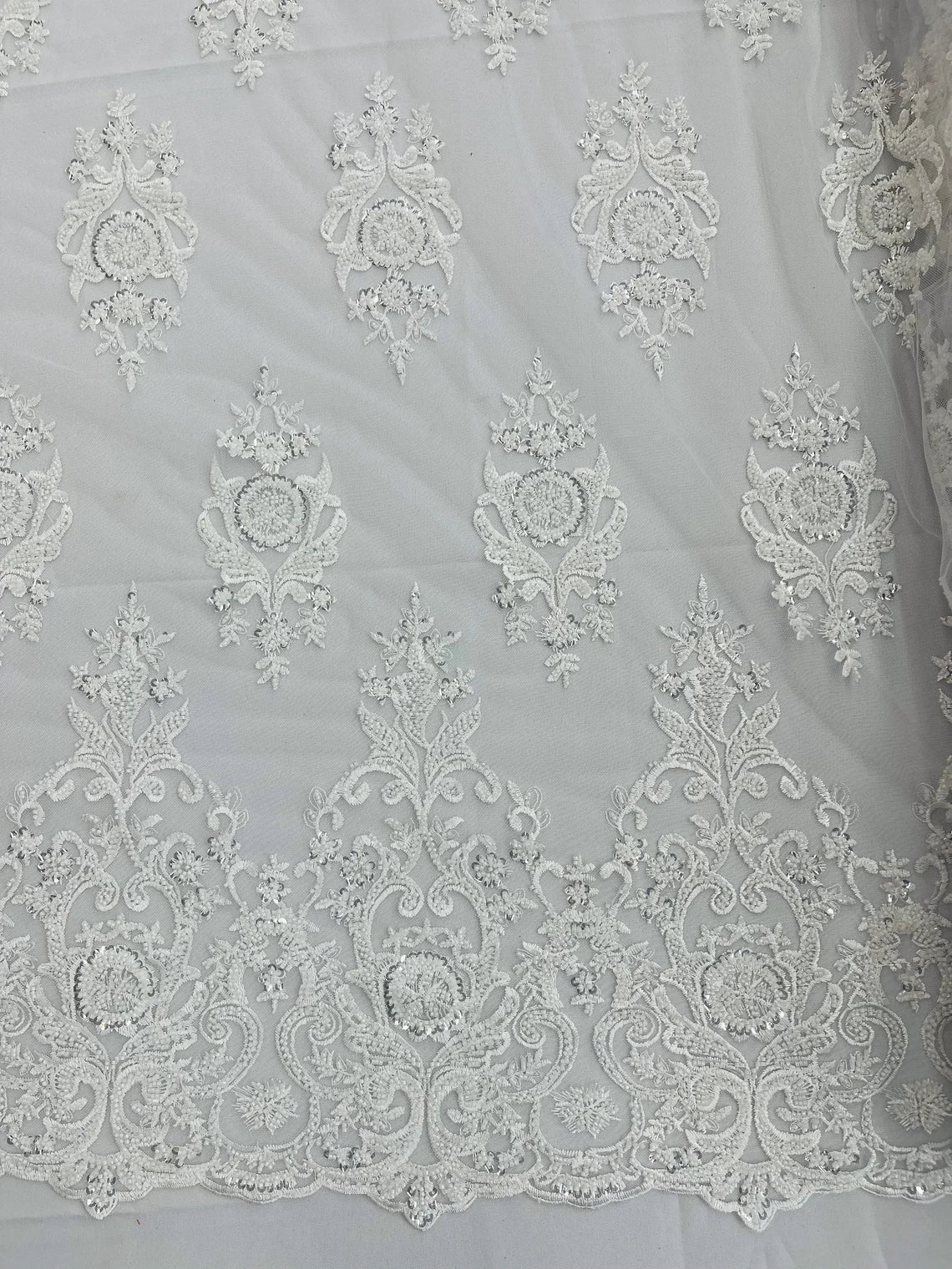 Floral Bead Embroidery Fabric - White - Damask Floral Bead Bridal Lace Fabric by the yard