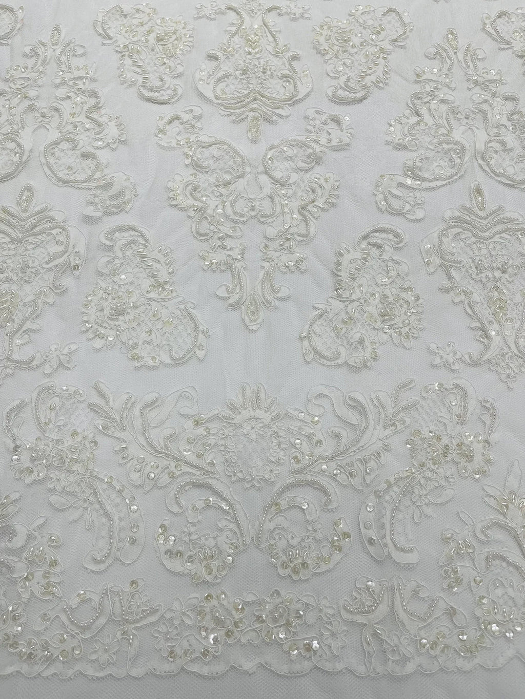 Beaded My Lady Damask Design - White - Beaded Fancy Damask Embroidered Fabric By Yard